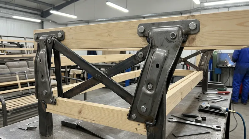 Steel linkage arms and pivot brackets in a sofa bed frame