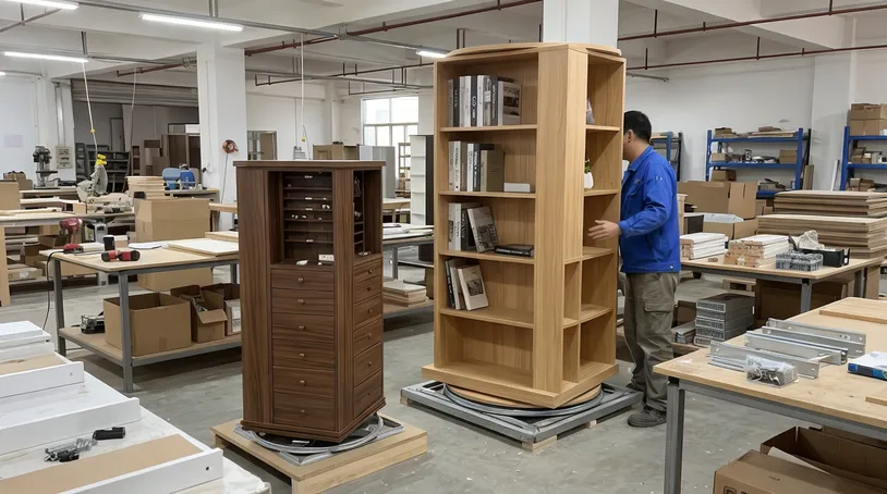 Rotating storage and display furniture including bookcase units and jewelry storage