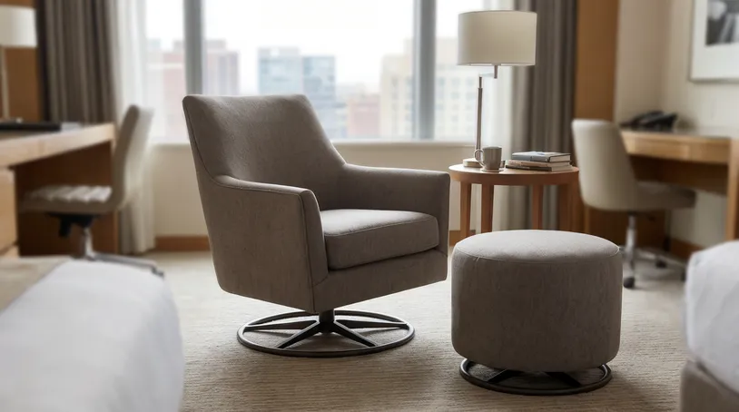 Swivel accent chair and rotating ottoman for residential and hospitality markets
