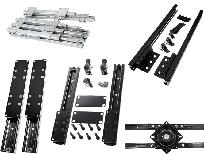 Sliding furniture mechanism track and carriage assembly