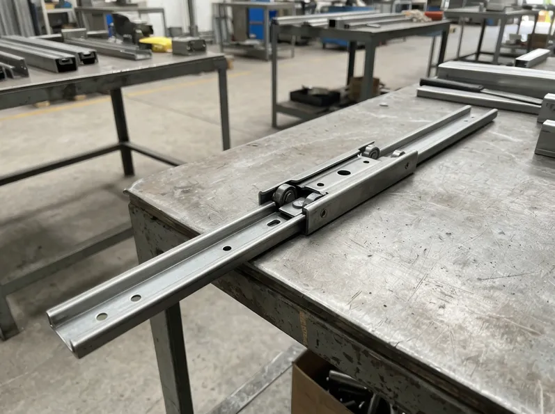 Sliding furniture mechanism track and carriage assembly