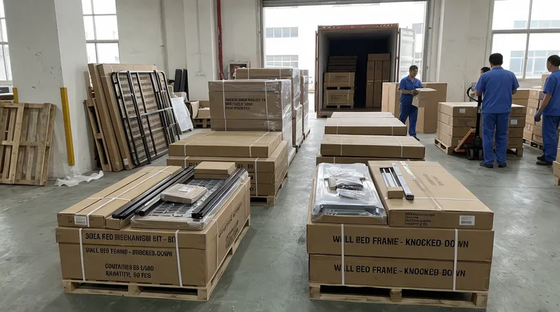 Sofa bed frame and wall-bed mechanism KD knocked-down packing for container shipping