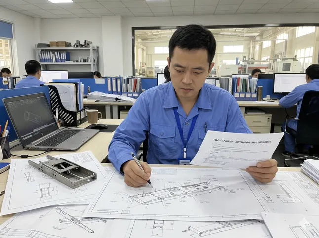 Engineer reviewing custom mechanism drawings and project brief