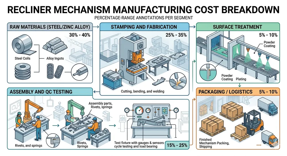 Diagram showing the main cost drivers in recliner mechanism manufacturing including materials, stamping, surface treatment, and testing