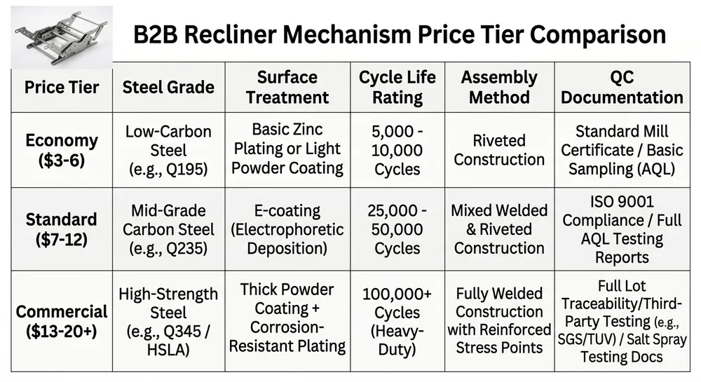 Chart comparing recliner mechanism price tiers from economy to commercial grade with key spec differences
