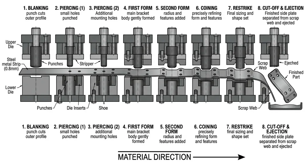 Progressive die stamping sequence for recliner mechanism side plates showing blanking, piercing, and forming stages