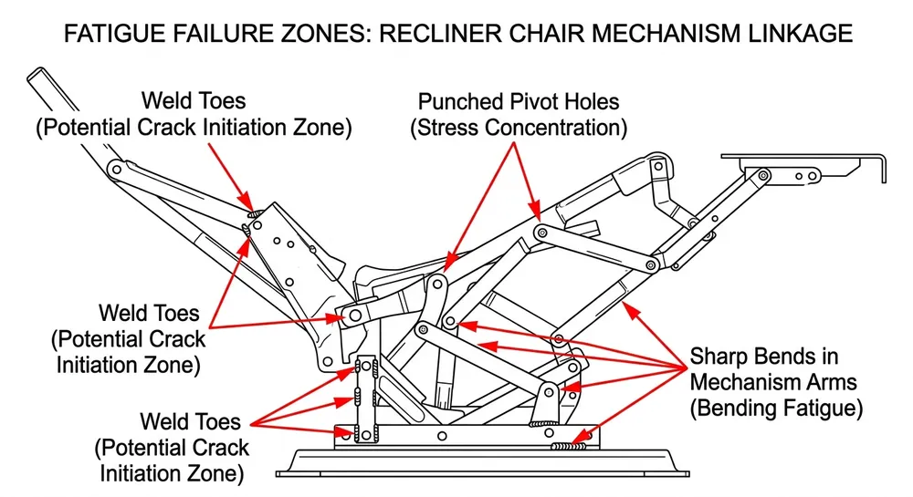 Diagram showing common fatigue failure points on a recliner chair mechanism linkage