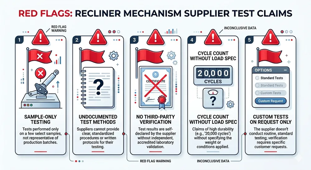 Checklist of red flags to watch for when evaluating recliner mechanism supplier load test claims