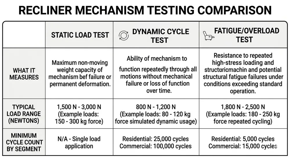 Comparison chart of static load, dynamic cycle, and fatigue tests for recliner mechanisms with spec thresholds