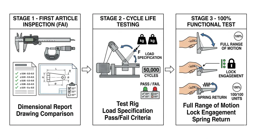 OEM Recliner Mechanism QC Workflow Quality validation workflow for OEM recliner mechanism production showing FAI, cycle testing, and 100% functional test stages