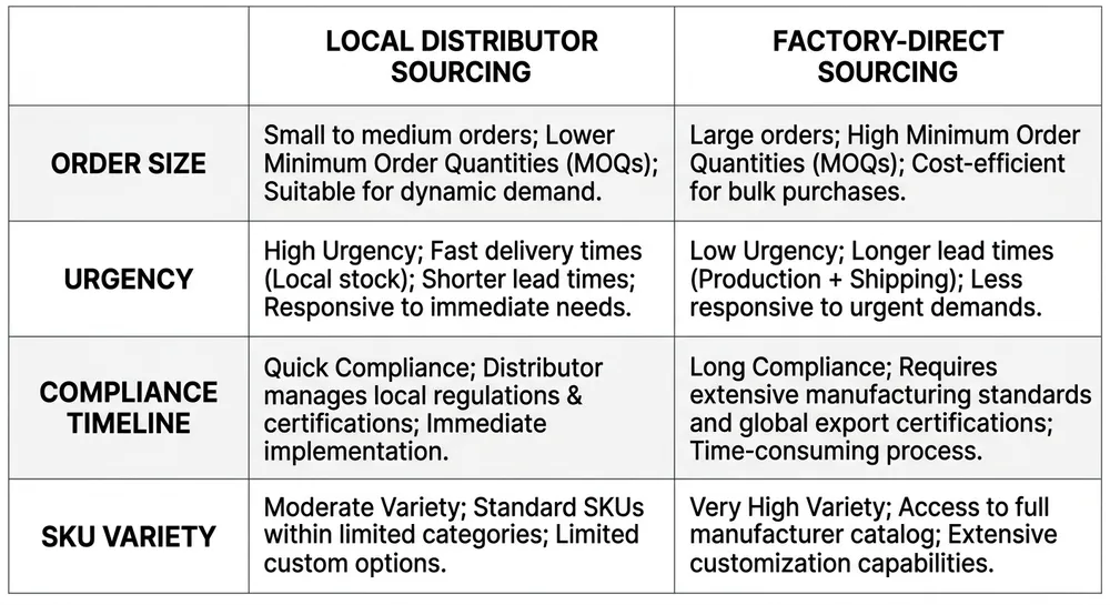 Local vs Factory-Direct Sourcing Decision Matrix Decision matrix comparing local distributor versus factory-direct sourcing for recliner mechanisms in Australia