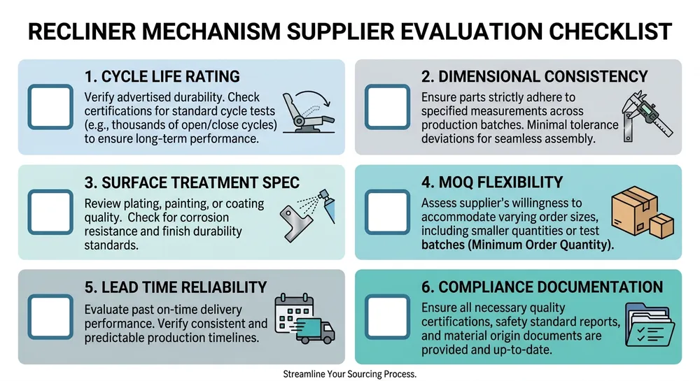 Recliner Mechanism Supplier Evaluation Checklist Supplier evaluation checklist for recliner mechanism buyers covering cycle life, surface treatment, MOQ, and compliance
