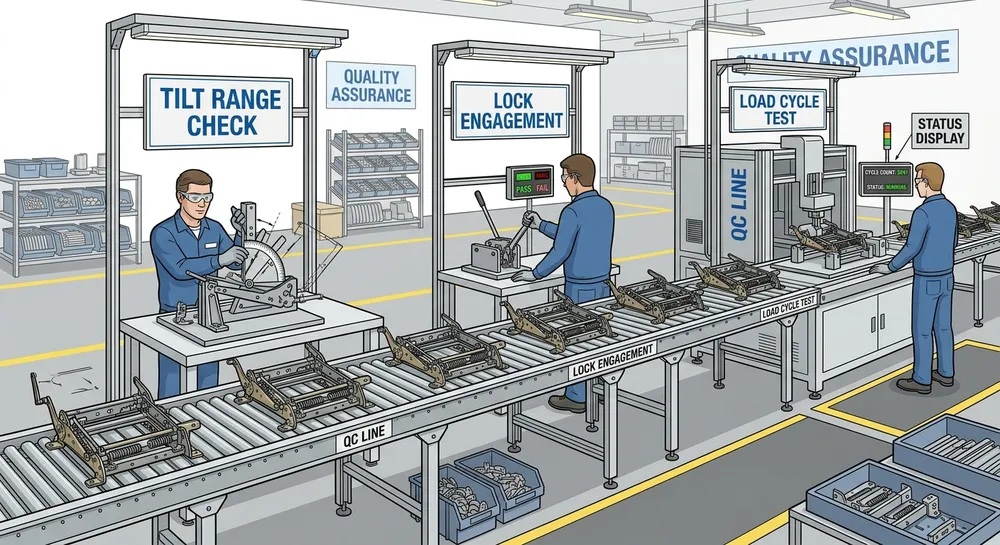 Recliner mechanism functional testing line at MVMHardware factory showing 100% unit testing before shipment
