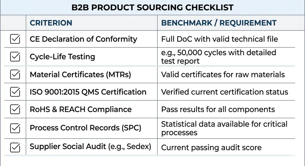 Evaluation checklist for recliner mechanism suppliers targeting the German market, covering CE compliance, cycle testing, tolerance, and documentation