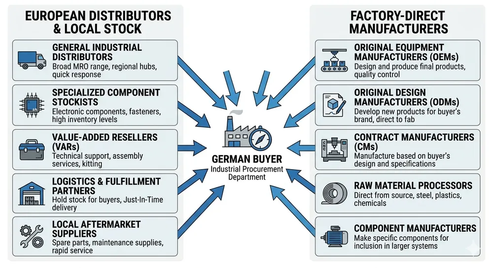 Supplier landscape map showing European distributors and factory-direct recliner mechanism manufacturers serving the German market