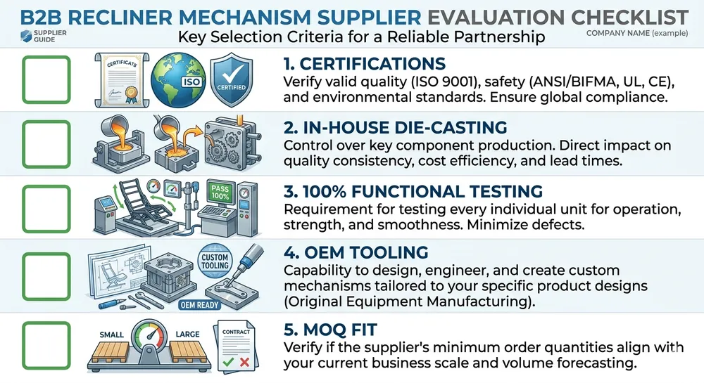 Recliner Mechanism Supplier Evaluation Criteria Evaluation checklist for recliner mechanism suppliers covering certifications, die-casting capability, testing standards, and OEM tooling