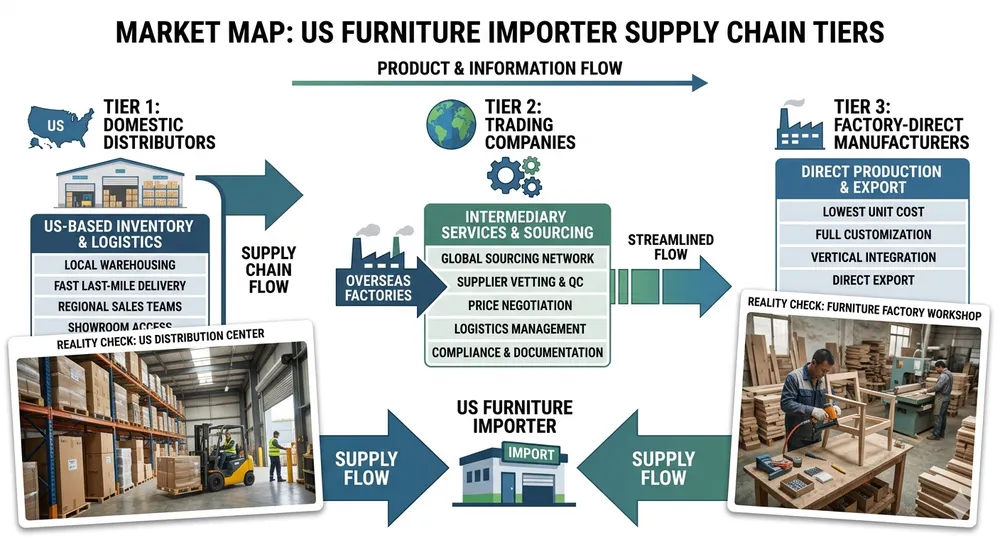 Supplier landscape map showing recliner mechanism sourcing options for US furniture importers across domestic and factory-direct channels