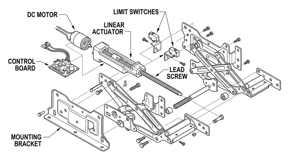 Power Recliner Mechanism Component Breakdown Labeled diagram of a power recliner mechanism showing motor, linear actuator, drive screw, limit switches, and control board