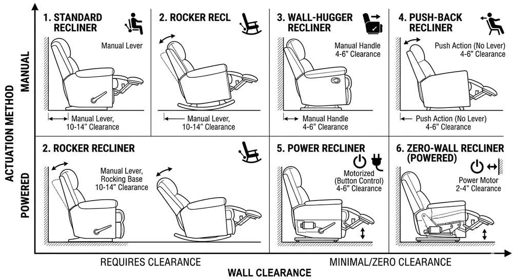 Diagram showing six recliner mechanism types arranged by wall clearance requirement and actuation method