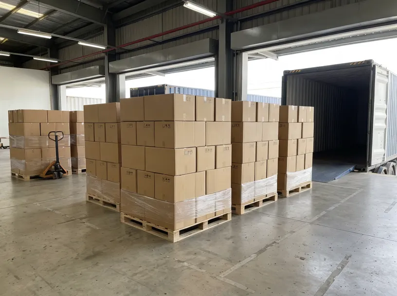 Couch mechanism cartons staged for 40HQ container loading