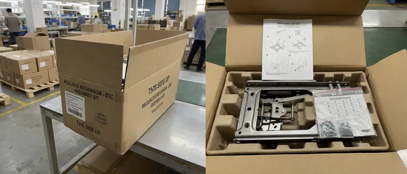 E-commerce DTC recliner mechanism with end-user assembly packaging