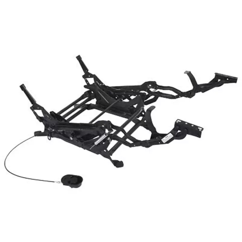 Recliner chair mechanism linkage showing synchronized footrest and backrest motion