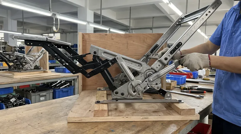 Recliner chair mechanism linkage showing synchronized footrest and backrest motion