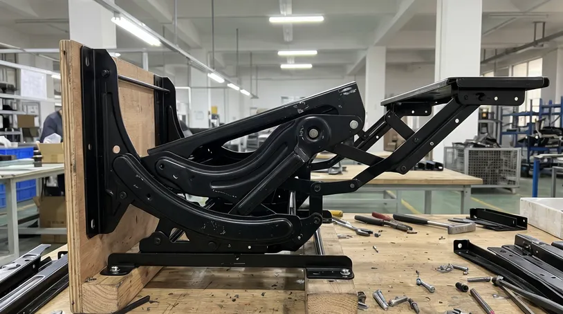 Wall-hugger recliner mechanism showing forward-slide pivot geometry