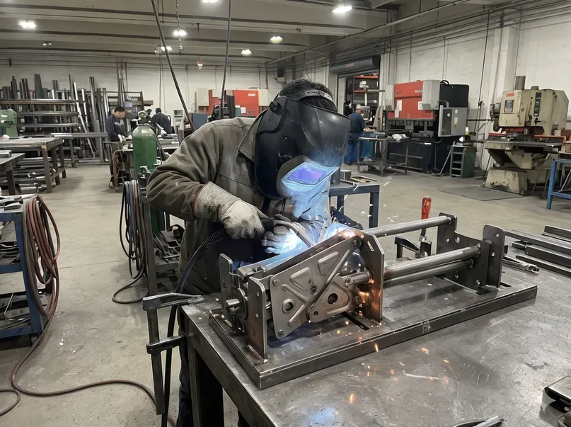 MIG welding of sleeper sofa mechanism hinge assembly at MVMHardware factory