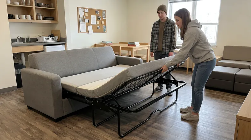 Tri-fold sleeper sofa mechanism in student co-living housing unit