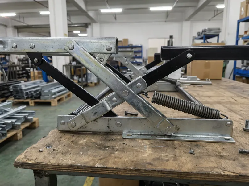 Sofa bed mechanism hinge pivot geometry in deployed flat position