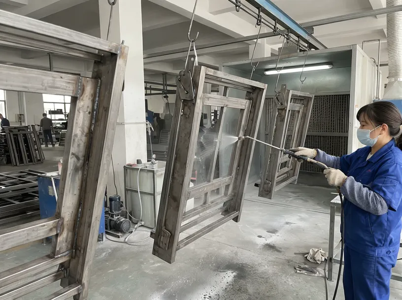 In-house powder coating line showing weld seam pre-treatment process for sofa bed mechanism frames