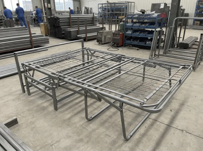 Full folding frame sofa bed mechanism assembly showing deployed mattress platform