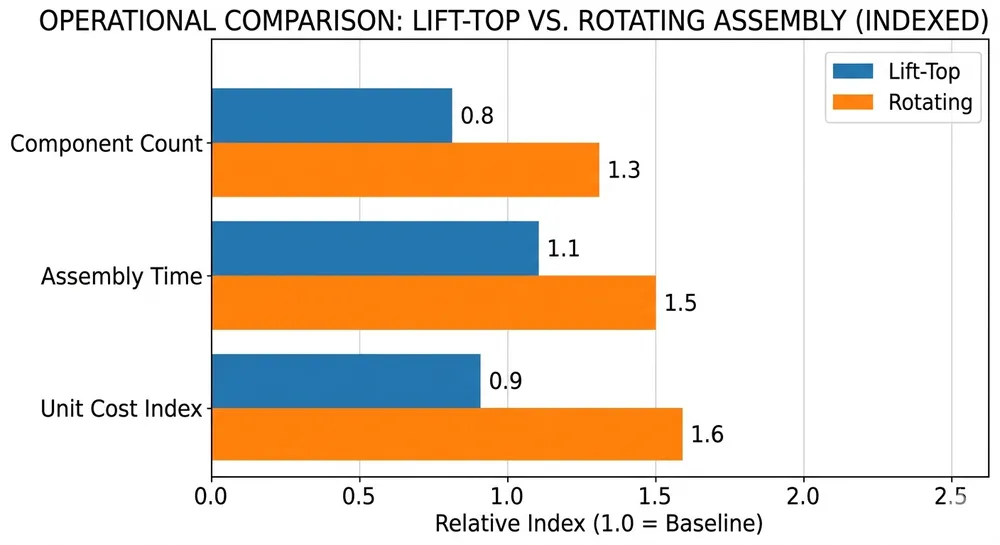 Bar chart comparing component count and relative unit cost between lift-top and rotating table mechanisms