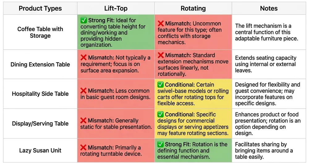 Decision matrix mapping lift-top and rotating table mechanism to furniture product types and market segments