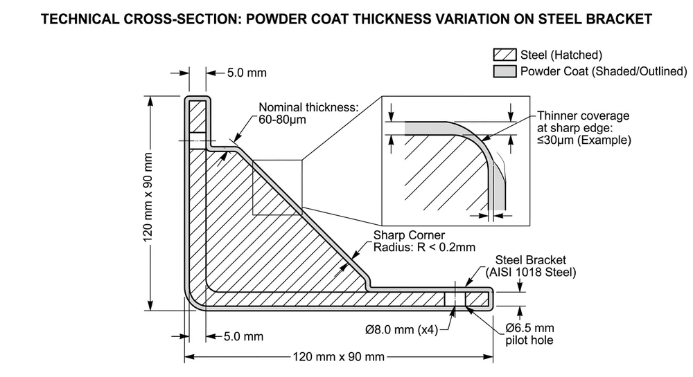 Cross-section diagram showing powder coat thickness measurement at 60-80 microns on steel furniture mechanism bracket
