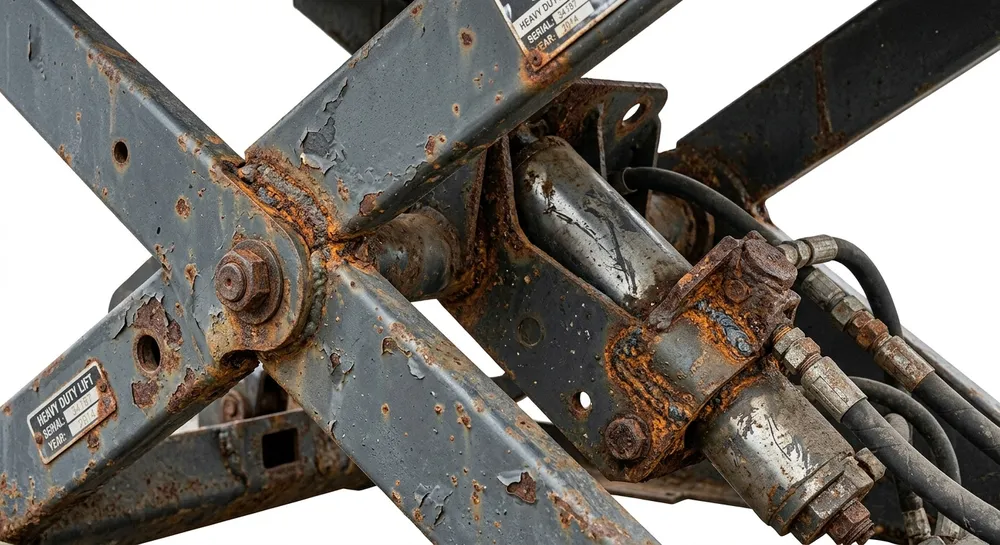 Corroded lift-top table mechanism showing rust and flaking finish after coastal deployment