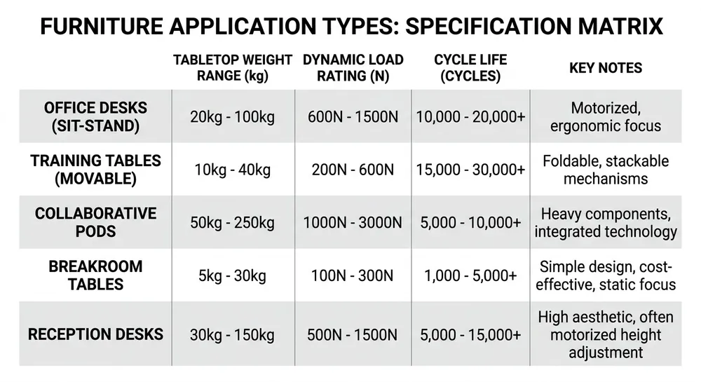 Table Mechanism Load Spec by Application Type Table matching furniture application types to recommended dynamic load ratings and cycle life targets
