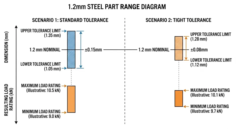 Chart showing how steel thickness tolerance variation affects load rating and dimensional consistency in stamped mechanism components