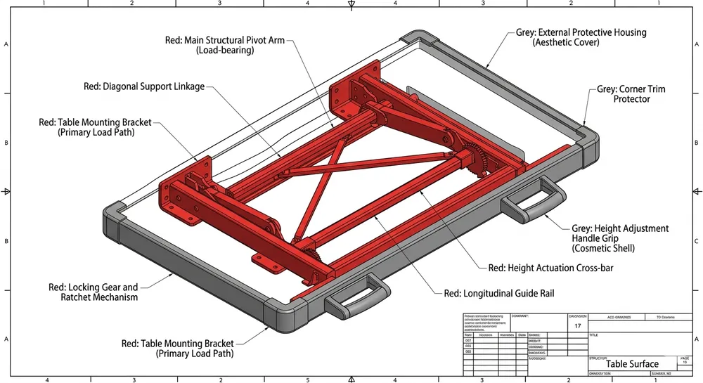 Diagram showing structural load-bearing zones versus cosmetic zones in a table surface mechanism