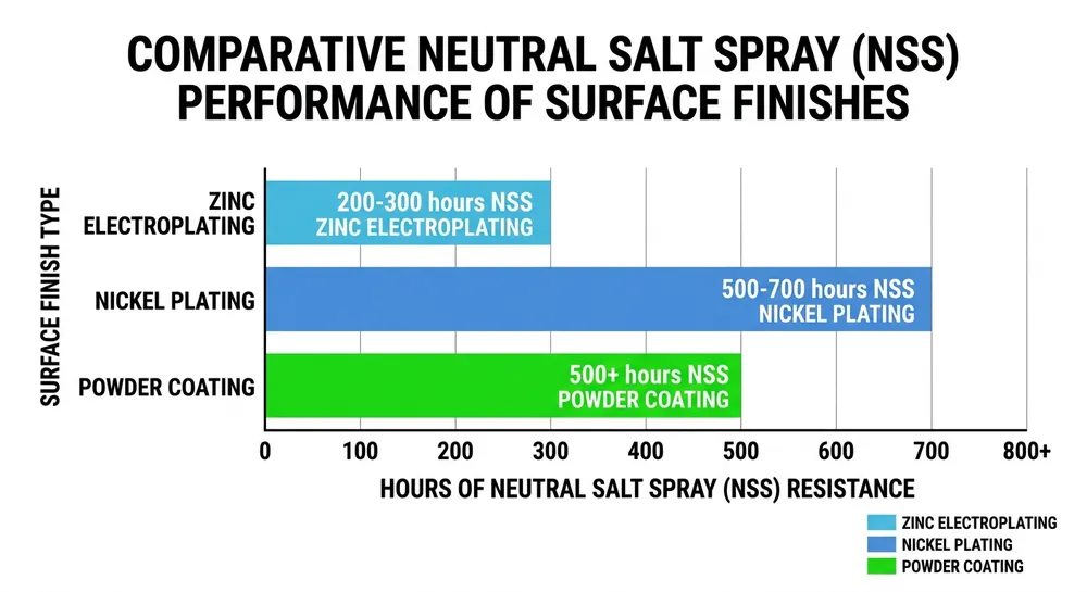 Comparison chart of zinc plating, nickel plating, and powder coating salt spray test hours for table mechanism components