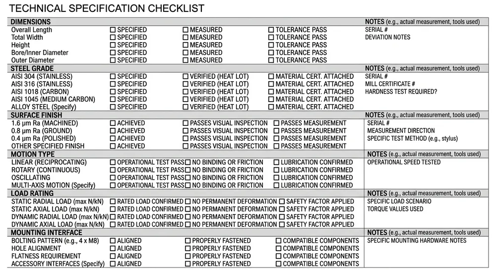 Checklist of specifications that must be confirmed before OEM table mechanism tooling starts