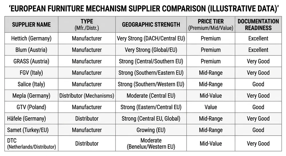 European Table Mechanism Supplier Comparison Comparison matrix of ten European table mechanism suppliers showing supplier type, geographic strength, price tier, and documentation readiness