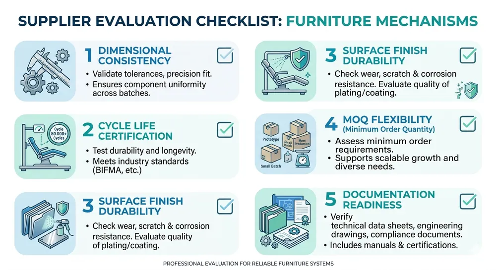 Table Mechanism Supplier Evaluation Criteria Supplier evaluation checklist for table surface mechanism buyers covering dimensional tolerance, cycle life, surface finish, MOQ, and documentation