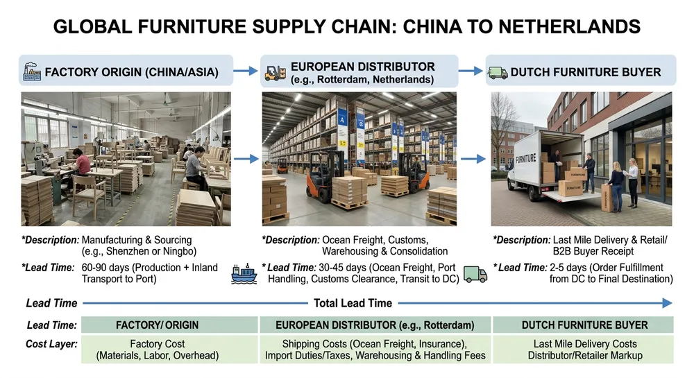 Diagram showing the supply chain layers between European furniture buyers and table mechanism sources including local distributors and factory-direct options