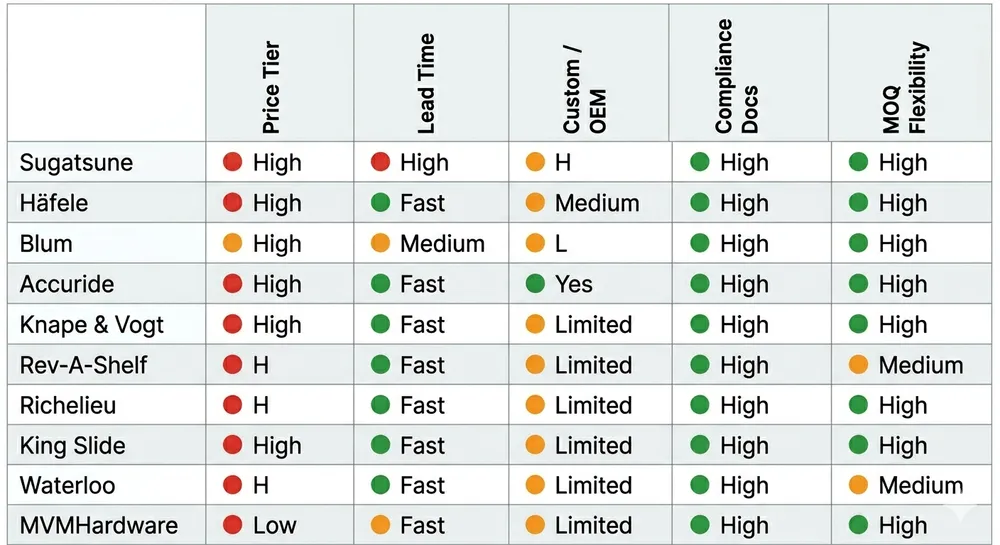 US Table Mechanism Supplier Comparison Matrix Comparison matrix of table surface mechanism suppliers showing ratings across price, lead time, customization, and compliance documentation