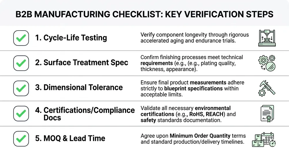 Table Mechanism Supplier Evaluation Checklist Supplier evaluation checklist for table surface mechanisms showing five criteria with pass/fail indicators
