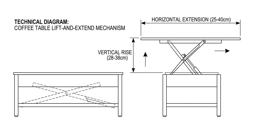 Coffee Table Mechanism Motion Envelope Coffee table lift-and-extend mechanism showing vertical lift height and horizontal extension travel dimensions