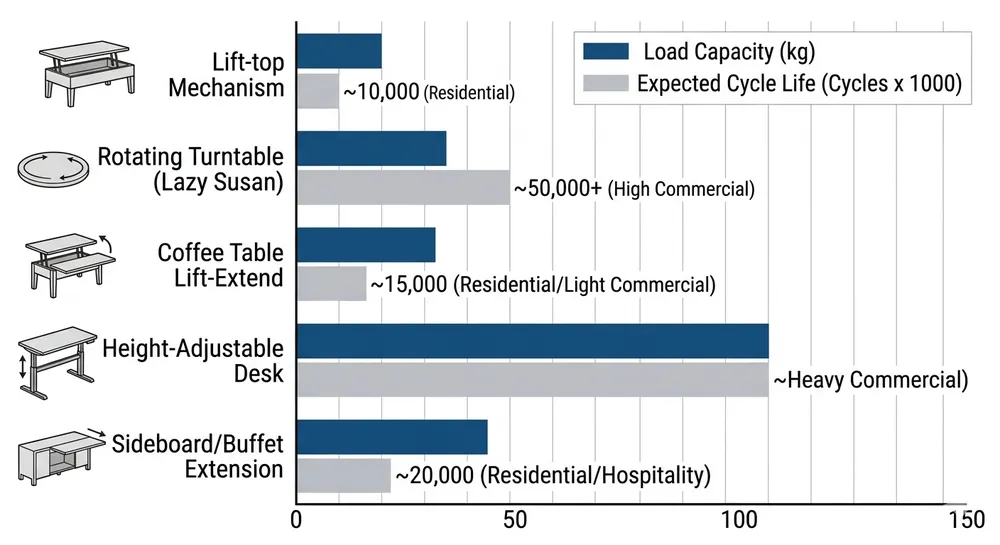 Mechanism Type Comparison: Load and Cycle Life Comparison chart of five table surface mechanism types showing load range and cycle life ratings for residential and commercial grades
