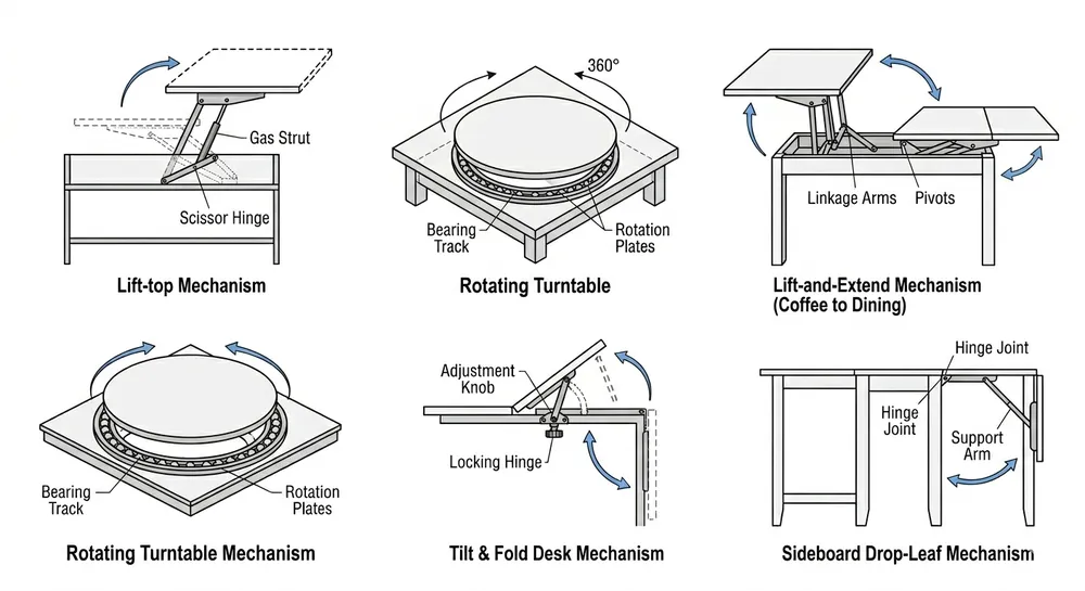 Diagram showing five table surface mechanism types including lift-top, rotating, coffee table lift, desk, and sideboard mechanisms